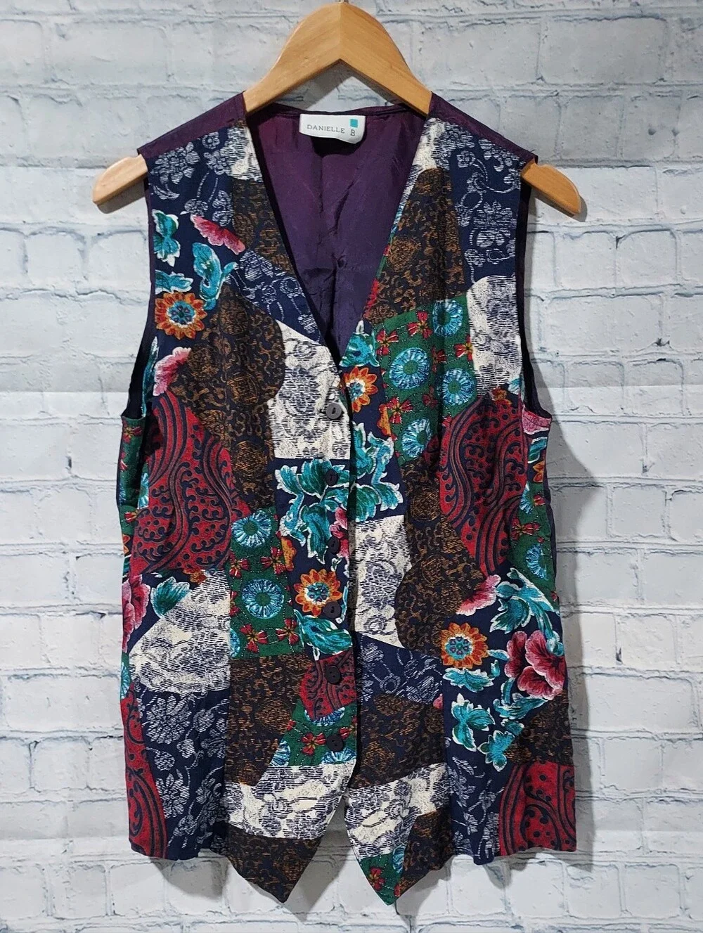 Vintage Women's Vest S Patchwork Funky 90's Teacher Academia Satin Back Folk Art